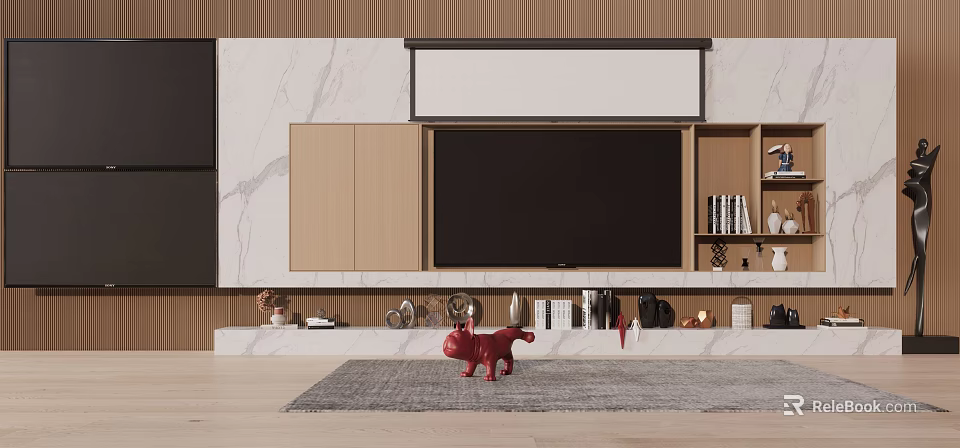 Sleek Modern TV Wall Cabinet Design With Wood Marble Elements And Decorative Shelves 3d model 
