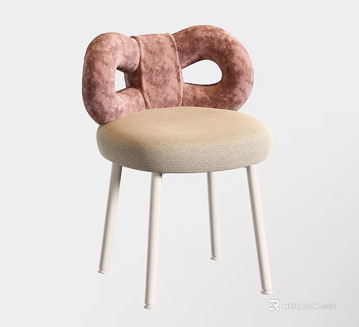 Modern Single Accent Chair With Pink Velvet Loop Backrest Beige Seat And White Metal Legs 3d model 