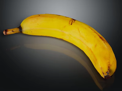 Yellow Banana With Brown Spots On Black Background And Reflected Surface 3d model