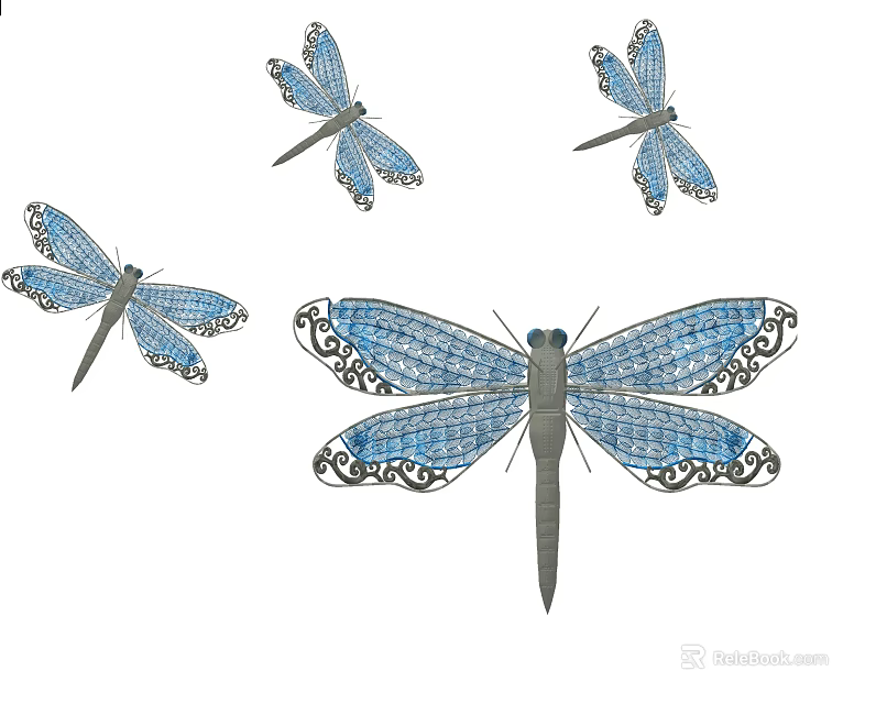 Vibrant Blue Dragonflies with Ornate Wing Patterns and Size Variations 3d model