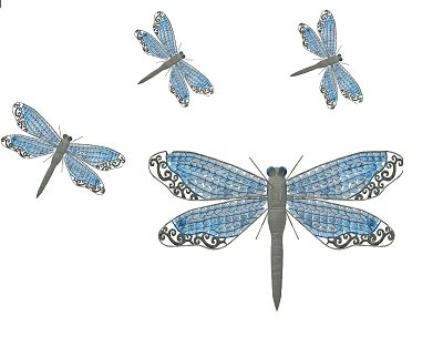 Vibrant Blue Dragonflies with Ornate Wing Patterns and Size Variations 3d model
