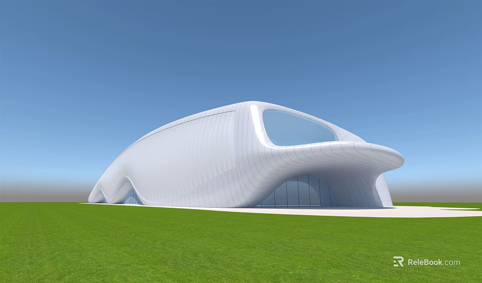 White Streamlined Modern Building Design On Green Lawn With Blue Sky 3d model
