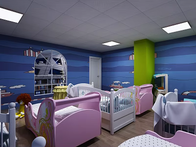 Colorful Kindergarten Room With Blue Green Walls Pink White Cribs Bookshelf TV And Tables 3d model
