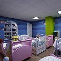 Colorful Kindergarten Room With Blue Green Walls Pink White Cribs Bookshelf TV And Tables