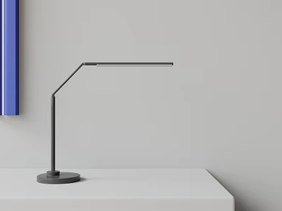 Sleek Black Desk Lamp with Adjustable Arm on White Tabletop Against Gray Wall 3d model