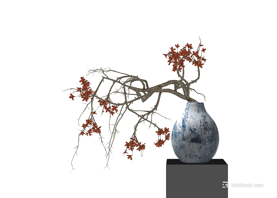 Blue and White Vase with Red Leaf Branches Placed on Black Pedestal 3d model 
