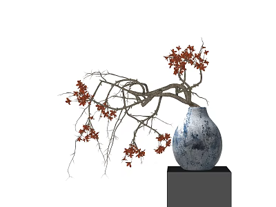 Blue and White Vase with Red Leaf Branches Placed on Black Pedestal 3d model