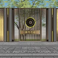 Modern Feature Wall With Golden Panels Circular Decoration And Trees Surrounding 3d model