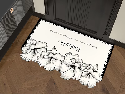 Square Rug With White Floral Pattern And Fantastic Text For Indoor Entryway 3d model