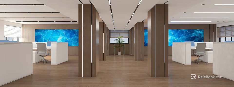 Modern Public Office Space With Wooden Columns Blue Displays Green Plant And Wooden Flooring 3d model 