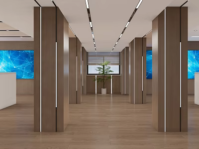 Modern Public Office Space With Wooden Columns Blue Displays Green Plant And Wooden Flooring 3d model