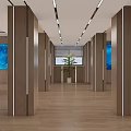 Modern Public Office Space With Wooden Columns Blue Displays Green Plant And Wooden Flooring
