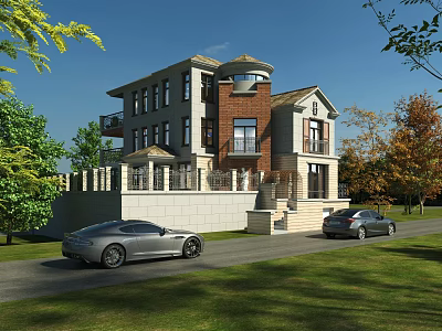 Modern Detached Villa Exterior Design With Green Lawn Trees Driveway And Parked Cars 3d model