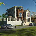 Modern Detached Villa Exterior Design With Green Lawn Trees Driveway And Parked Cars