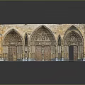 Arched Entrance Gate With Stone Structure Three Arches Carved Details Warm Brown Tone And Reflective Base
