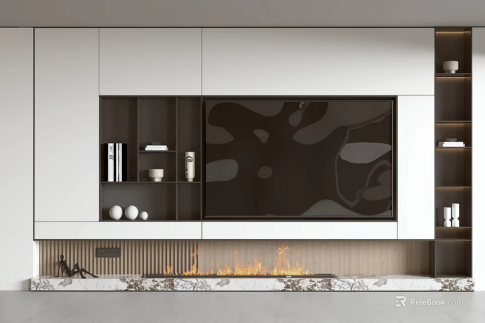 Modern TV Wall Design With Built-in TV White Cabinets Flame Accents And Marble Base 3d model 