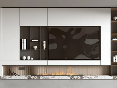 Modern TV Wall Design With Built-in TV White Cabinets Flame Accents And Marble Base 3d model