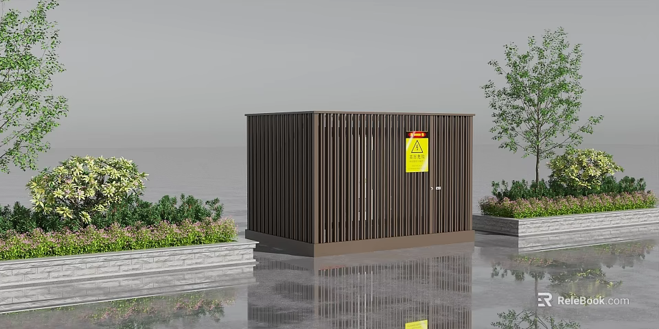 Brown Slatted Enclosure With Yellow Warning Sign Near Green Plants And Tree 3d model 