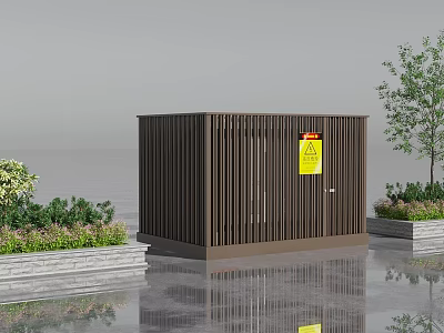Brown Slatted Enclosure With Yellow Warning Sign Near Green Plants And Tree 3d model