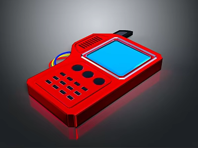 Red Handheld Device With Blue Screen Control Buttons And Colorful Cables 3d model