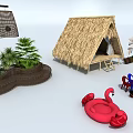 Various Colored Outdoor Chairs In Outdoor Setting With Thatched Hut And Plants