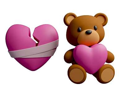 Floral Display With Broken Heart Teddy Bear And Pink Heart Decorative Elements 3d model
