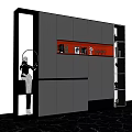 Modern Gray Decorative Cabinet Featuring Red Accent Shelf With Ornaments And Open Shelves