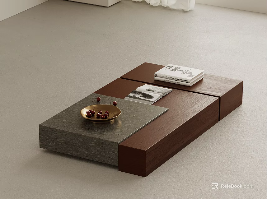 Wooden Coffee Table With Gray Stone Top Gold Tray Red Berries Magazine And Books 3d model 
