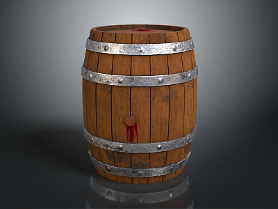 Rustic Wooden Barrel With Metal Hoops Wood Grain And Red Stain 3d model