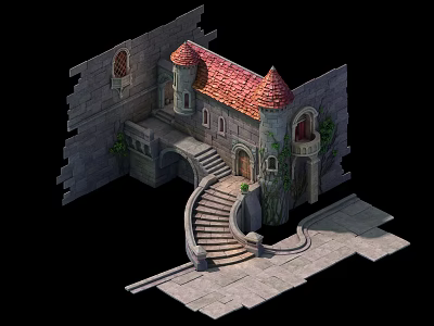Cartoon Castle Scene With Red Roof Stone Walls Vines And Curved Staircase 3d model