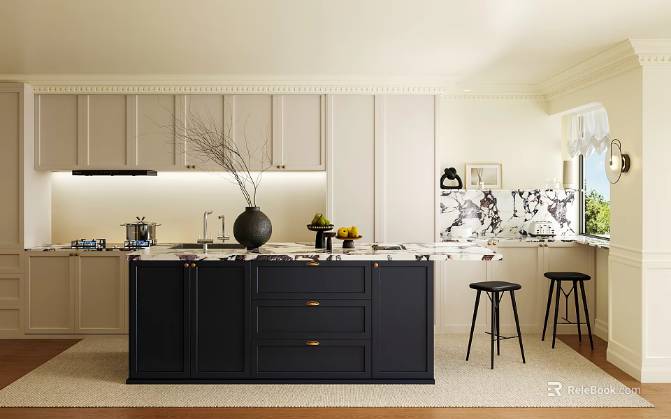 Modern Kitchen Interior Design With White Cabinets Black Island Vase Fruits And Black Bar Stools 3d model 