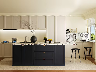 Modern Kitchen Interior Design With White Cabinets Black Island Vase Fruits And Black Bar Stools 3d model