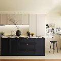 Modern Kitchen Interior Design With White Cabinets Black Island Vase Fruits And Black Bar Stools