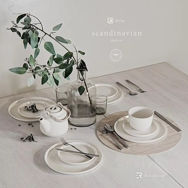 Scandinavian Tableware Set With Plates Cup Teapot And Cutlery For Minimalist Table Setting 3d model 
