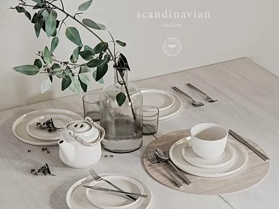 Scandinavian Tableware Set With Plates Cup Teapot And Cutlery For Minimalist Table Setting 3d model