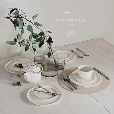 Scandinavian Tableware Set With Plates Cup Teapot And Cutlery For Minimalist Table Setting 3d model