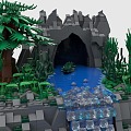 LEGO Toy Scene Forest Waterfall Creek Lake Pool Grass Plants Trees Cave Crocodile 3d model