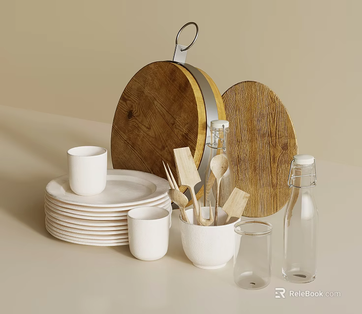 Stylish Dinnerware Set with White Plates Cups Wooden Utensils Cutting Boards Clear Glass Bottles 3d model 
