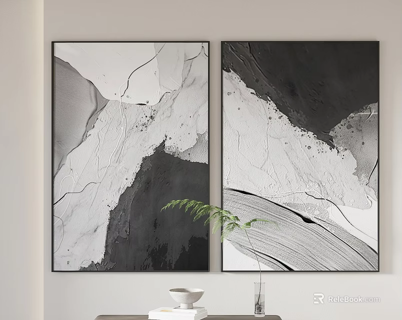 Black And White Abstract Paintings Hanging On Wall With Green Plant And Vase 3d model 