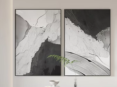 Black And White Abstract Paintings Hanging On Wall With Green Plant And Vase 3d model