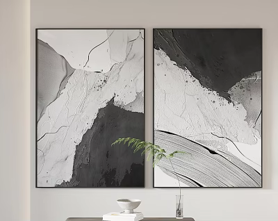Black And White Abstract Paintings Hanging On Wall With Green Plant And Vase 3d model