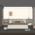 Modern Bedroom Interior With Platform Bed Wall Art Woven Rug And Accent Chair