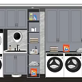 Gray Bathroom Cabinetry with Storage Shelves Washing Machines Dryers and Towels