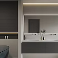 Modern Bathroom Interior Design With Grey Tones Bathtub Glass Shower Double Vanity Mirror And Lighting