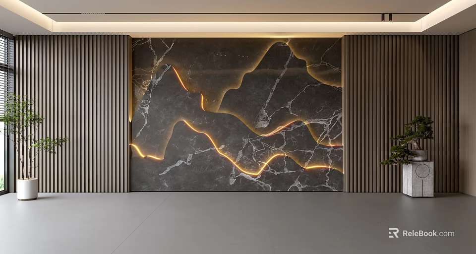 Modern Interior Feature Wall With Marble Surface Golden Light Strips And Wooden Panels 3d model 