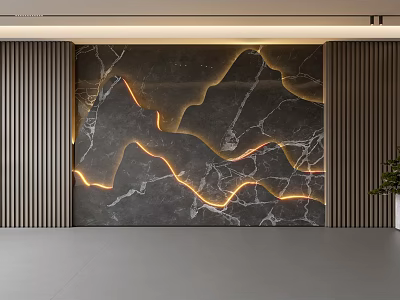 Modern Interior Feature Wall With Marble Surface Golden Light Strips And Wooden Panels 3d model