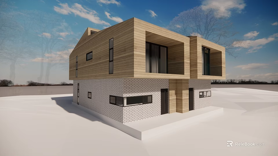 Modern Detached House with Wooden Exterior Brick Elements and Large Windows 3d model 
