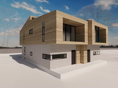 Modern Detached House with Wooden Exterior Brick Elements and Large Windows 3d model