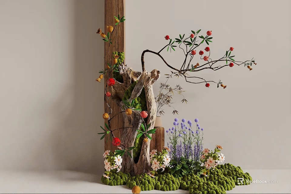 Natural Art Installation With Wooden Stump Branches Colorful Flowers Fruits And Green Moss 3d model 