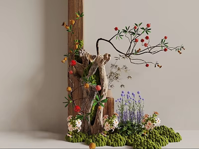 Natural Art Installation With Wooden Stump Branches Colorful Flowers Fruits And Green Moss 3d model